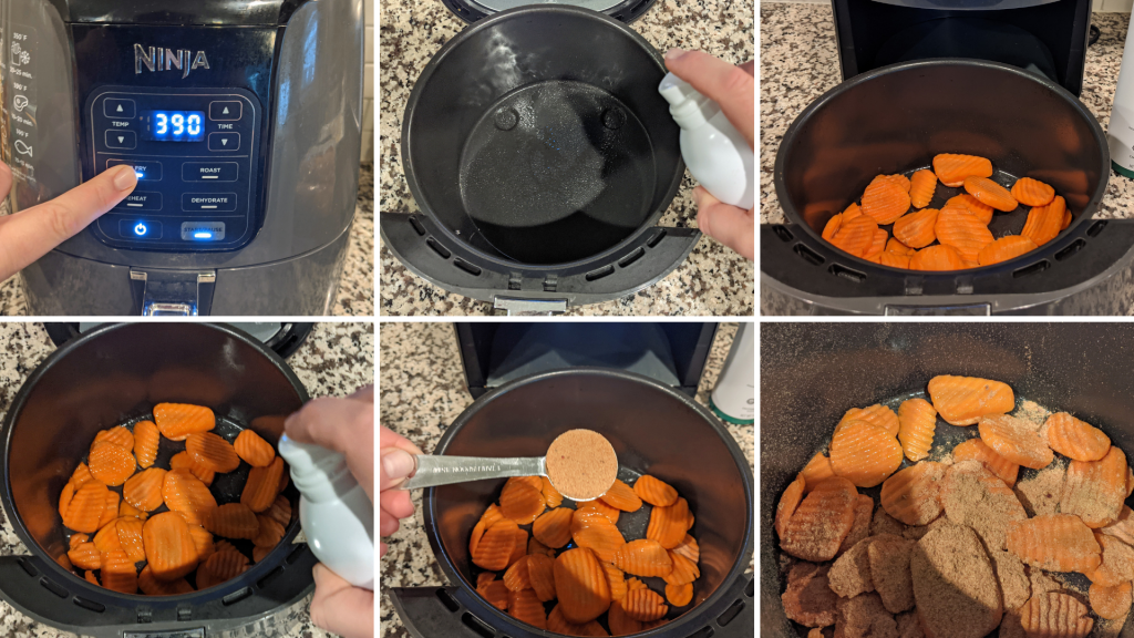 group of 6 pictures of carrot chips being cooked in the air fryer