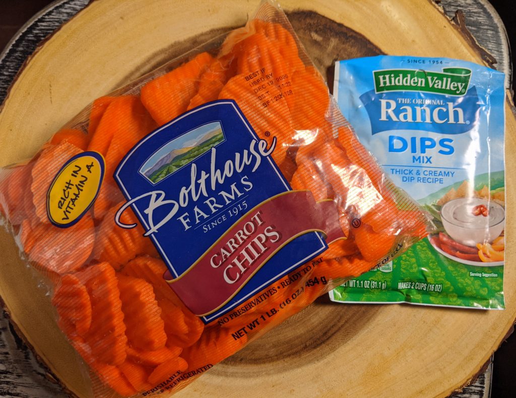 bag of carrot chips and hidden valley fiesta ranch mix