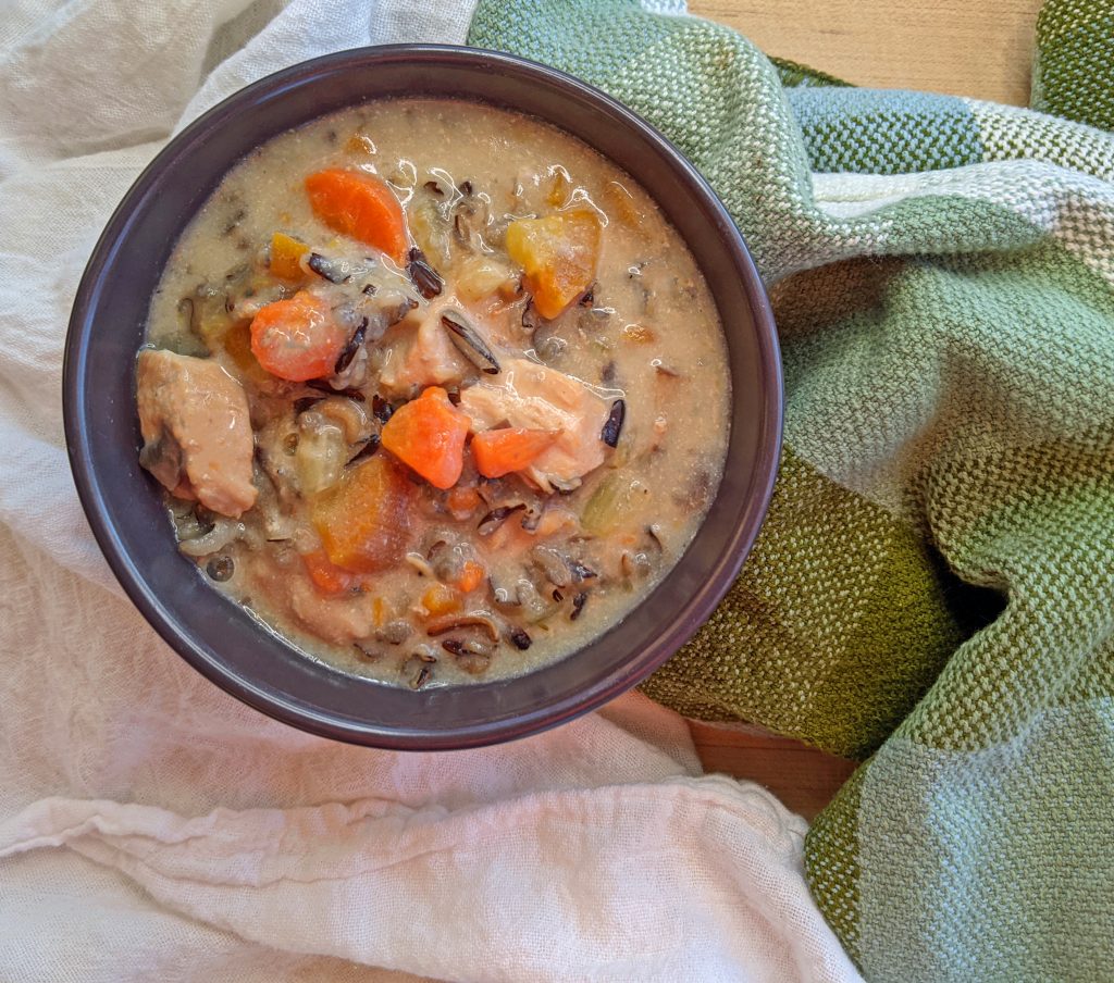 top down picture of chicken and wild rice soup