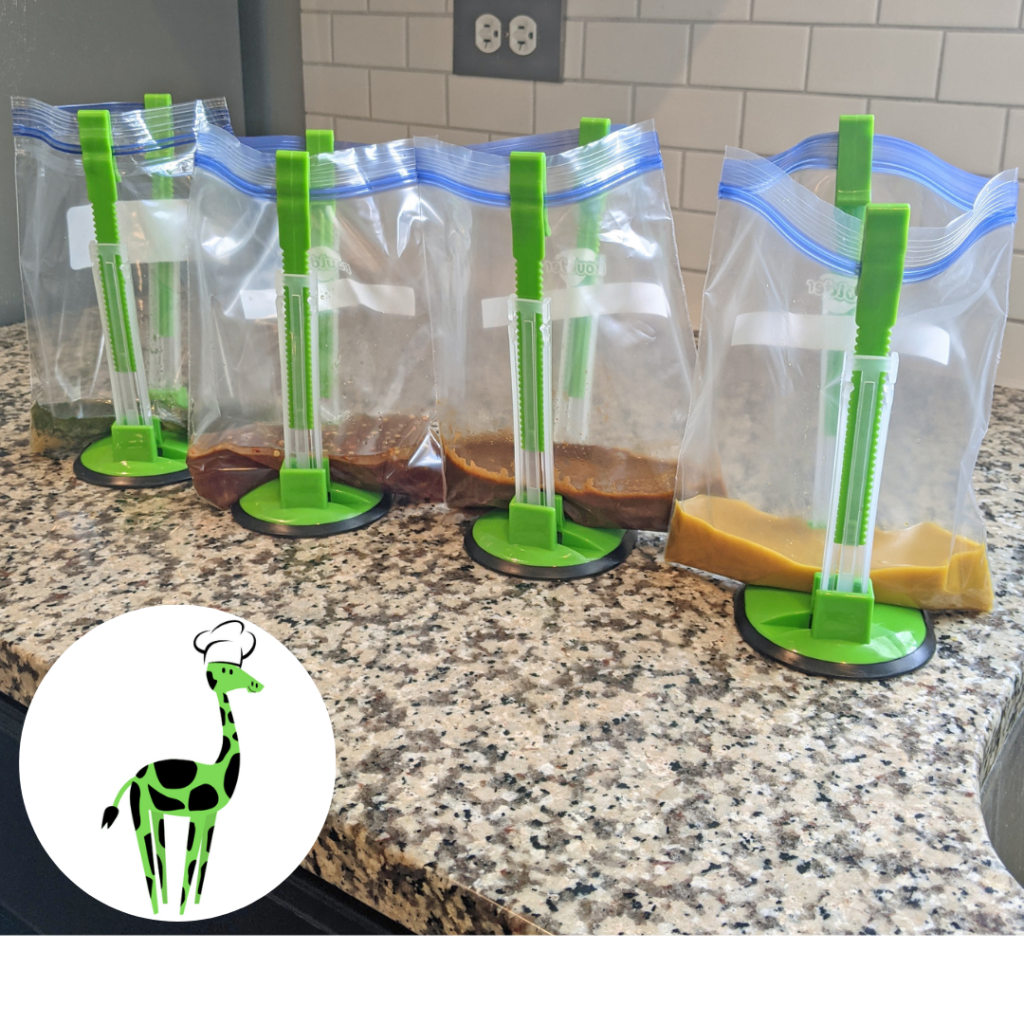 4 green bag holders with marinades in them
