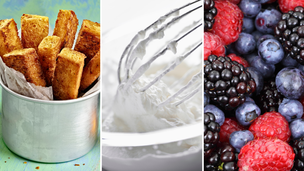 Baked French Toast Sticks, Macerated Berries, Homemade Whipped Cream