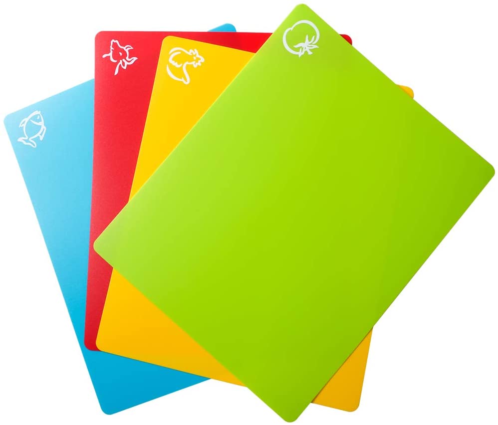 4 brightly colored plastic cutting boards