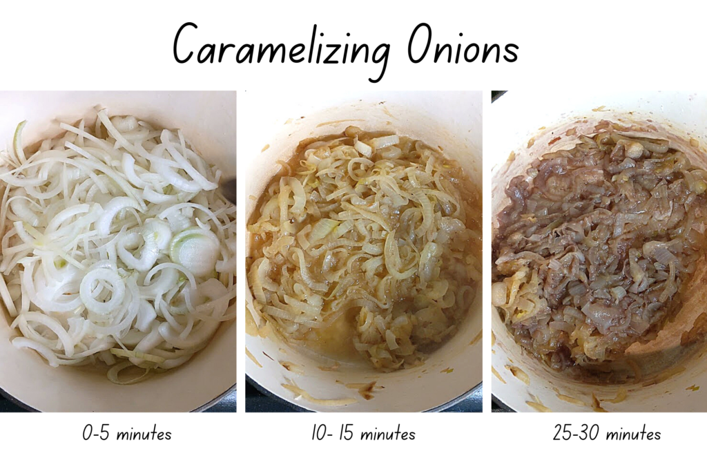 2 pots of onions at different levels of caramelization 